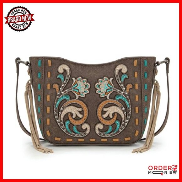 Western Embroidered Crossbody Bag with Tassels, 10x6x3 Inches - Picture 2 of 7